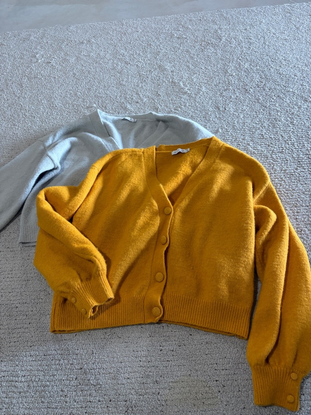 JustFab V-Neck Button Crop Cardigan Sweater - Mustard & Light Gray.